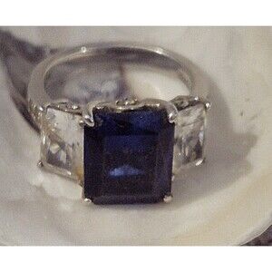 Vtg Art Deco Style  Sterling Silver  Blue CZ 3 Stone Ring  JDCZ 925  Sz 7.75
